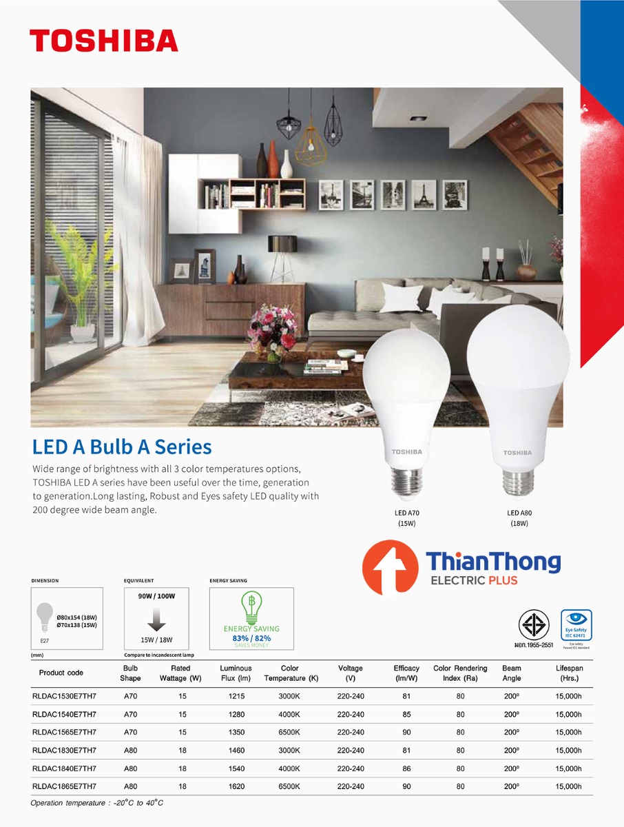 Toshiba หลอดไฟ LED โตชิบา A80 LED Bulb 18W E27 Daylight
